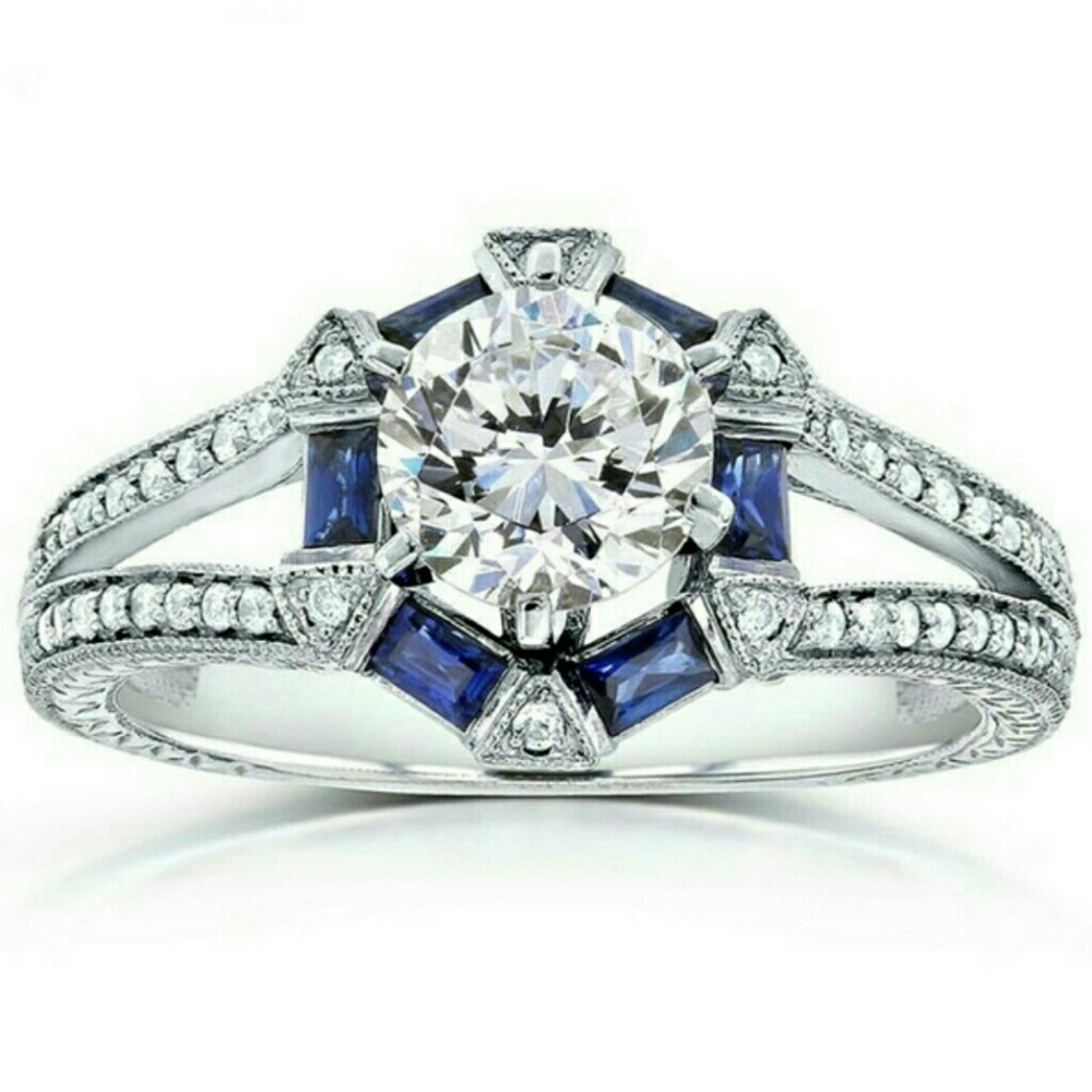 Art Deco 14K Solid White Gold Sapphire Diamond…